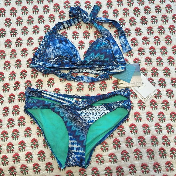 Sunseeker Australia Swimsuit Bikini Bathing Suit Blue Multi Logo Swim New - Picture 1 of 16